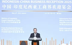 Perdana Menteri (PM) China Li Qiang saat berpidato di hadapan komunitas bisnis China dan Indonesia pada Sabtu (24/5). (Xinhua)